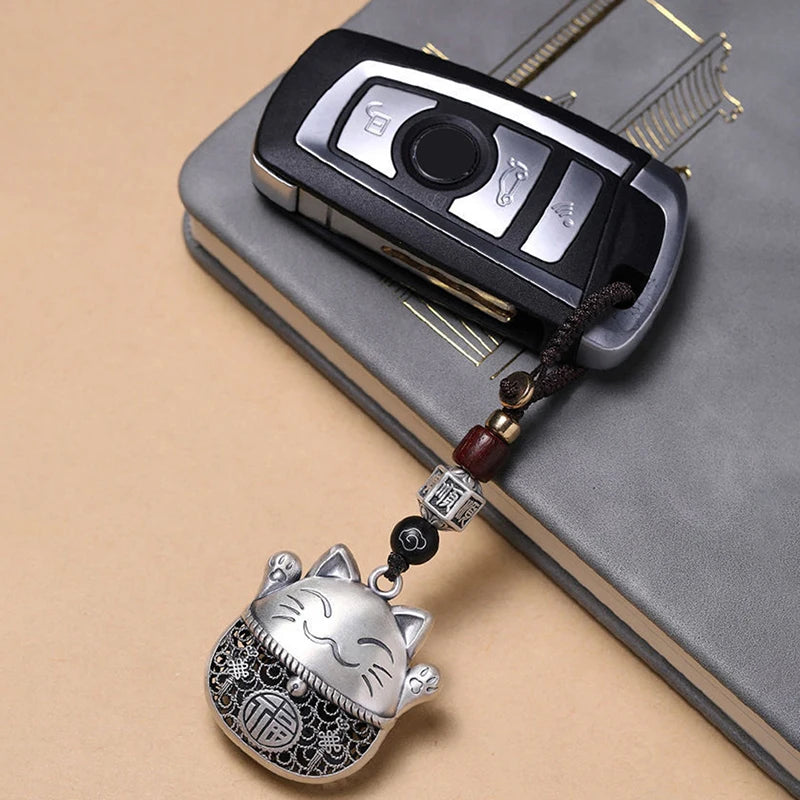 Vintage Braided Rope Lucky Cat Keychain Car Ornament Pendant Accessories
