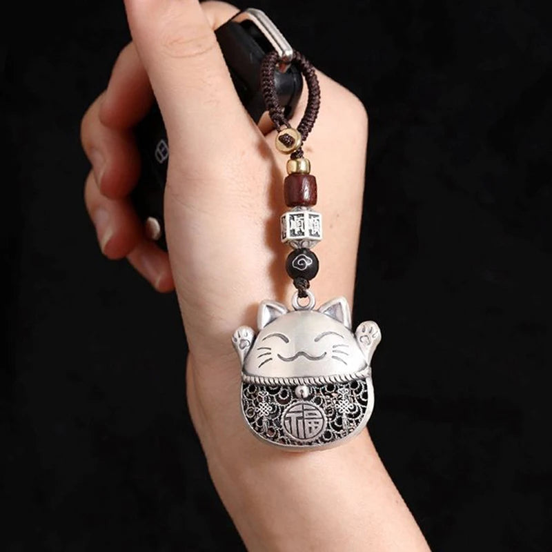 Vintage Braided Rope Lucky Cat Keychain Car Ornament Pendant Accessories