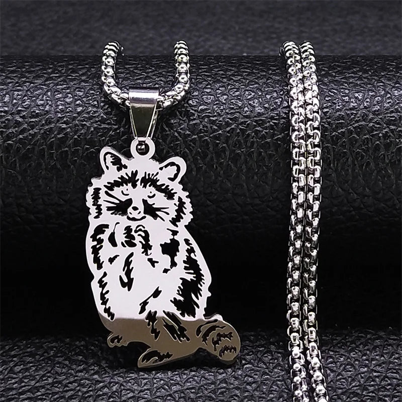 Raccoon Pendant Necklace Stainless Steel Animal Chain N6115