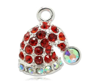 10pcs Red Rhinestone Christmas Santa's Hat Charms Pendants