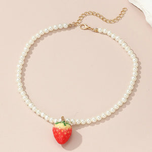 Resin Strawberry Necklace for Women Girls Round Pearl Choker Jewelry