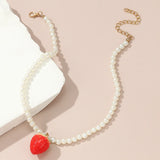 Resin Strawberry Necklace for Women Girls Round Pearl Choker Jewelry