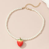 Resin Strawberry Necklace for Women Girls Round Pearl Choker Jewelry