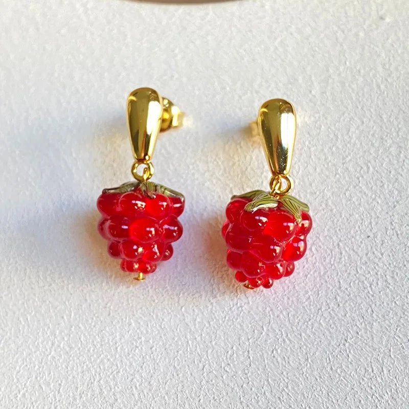Small Raspberry Earrings French Winter Red Christmas Stud Earrings