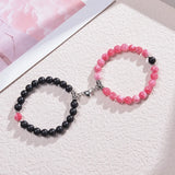 Lover Couple Rose Pink Stone Matching Beads Strand Bracelet Heart Magnet Charms