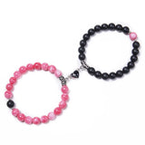 Lover Couple Rose Pink Stone Matching Beads Strand Bracelet Heart Magnet Charms
