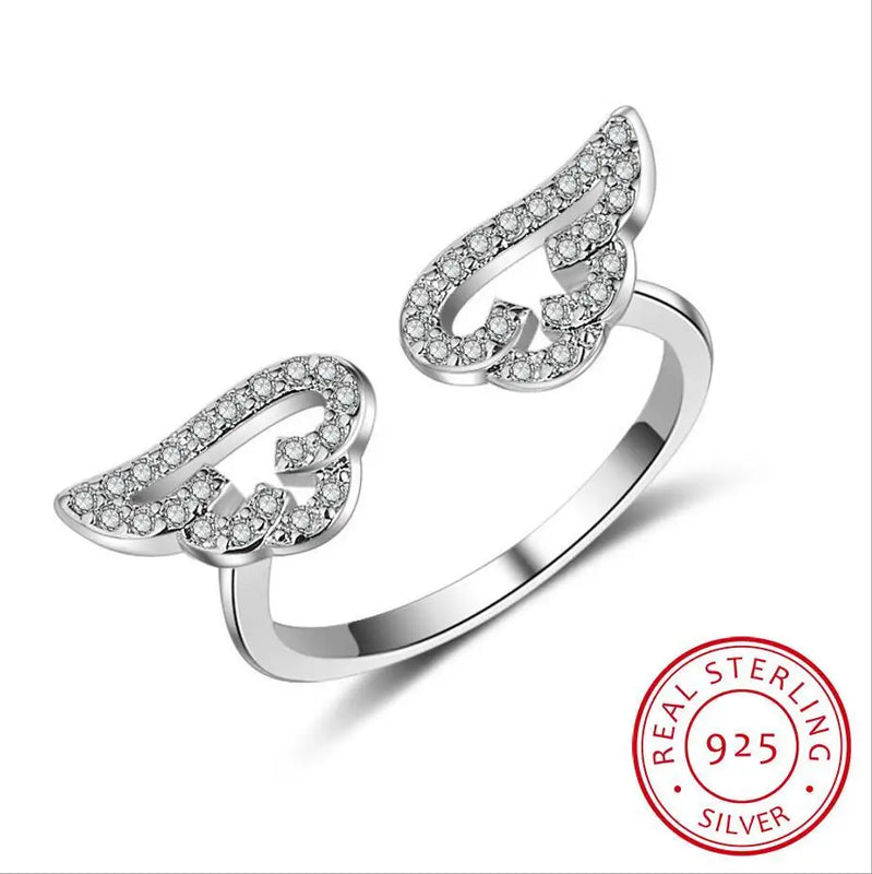 925 Silver Angel Wings Zirconia Crystal Ring Wedding Band