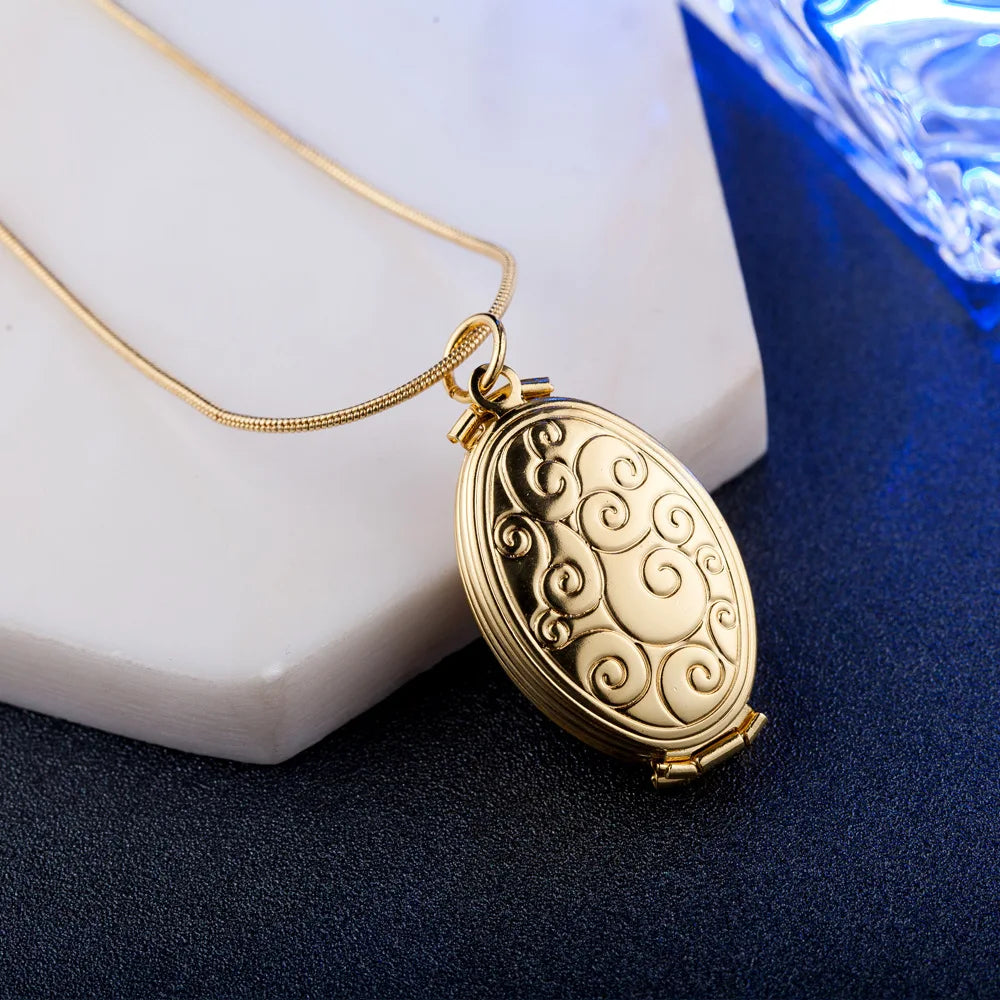 Floral Carved Oval Locket Pendant Necklace