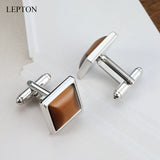 Brown Stone Cufflinks for Men Lepton Square Silver Metal High French CuffLink