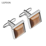 Brown Stone Cufflinks for Men Lepton Square Silver Metal High French CuffLink