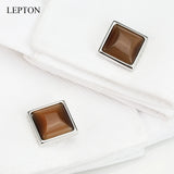 Brown Stone Cufflinks for Men Lepton Square Silver Metal High French CuffLink