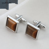 Brown Stone Cufflinks for Men Lepton Square Silver Metal High French CuffLink