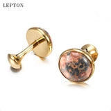 Leopard Stone Cufflinks for Men Plated Lepton Round Stone Cuff links