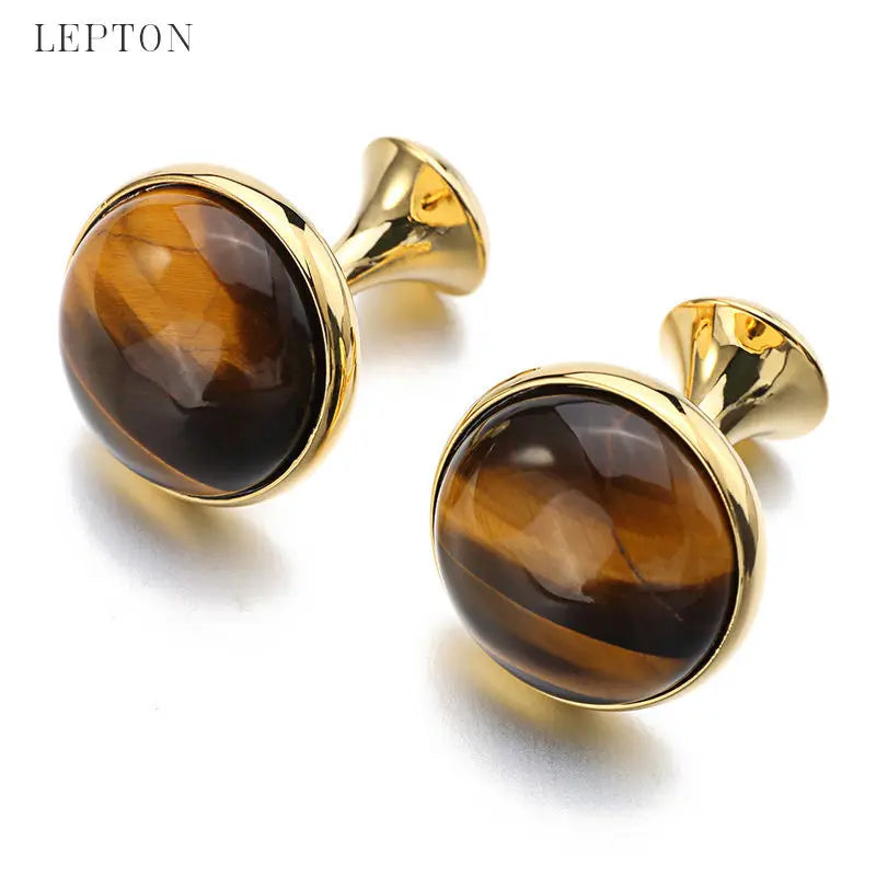 Tiger-eye Stone Cufflinks for Men Plated Lepton High Round Stone Cuff links