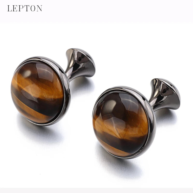 Tiger-eye Stone Cufflinks for Men Plated Lepton High Round Stone Cuff links