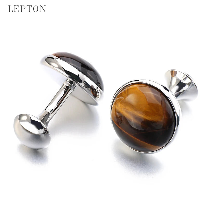 Tiger-eye Stone Cufflinks for Men Plated Lepton High Round Stone Cuff links