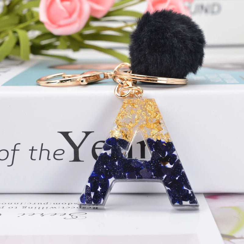 Lucky 26 Initials Letter Keychain Plush Ball Resin Pendant Gift Women Girl