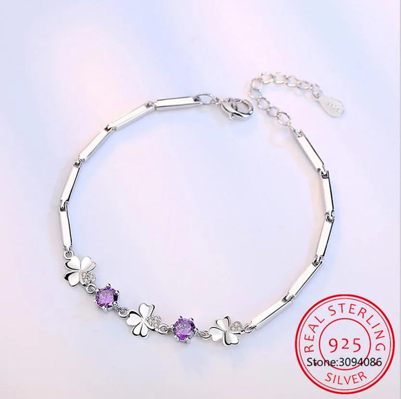 Four-leaf Clover Silver 925 Bracelet White/Purple Zircon Stones