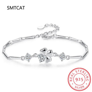 Four Leaf Clover Bracelet, Silver 925 White/Purple Zircon Stones