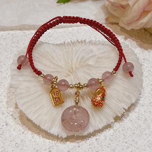 Natural Strawberry Crystal Good Luck Red Rope Braid Bracelet