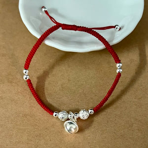 Red Rope Wax String Lucky Bell Charm Bracelet 925 Sterling Silver