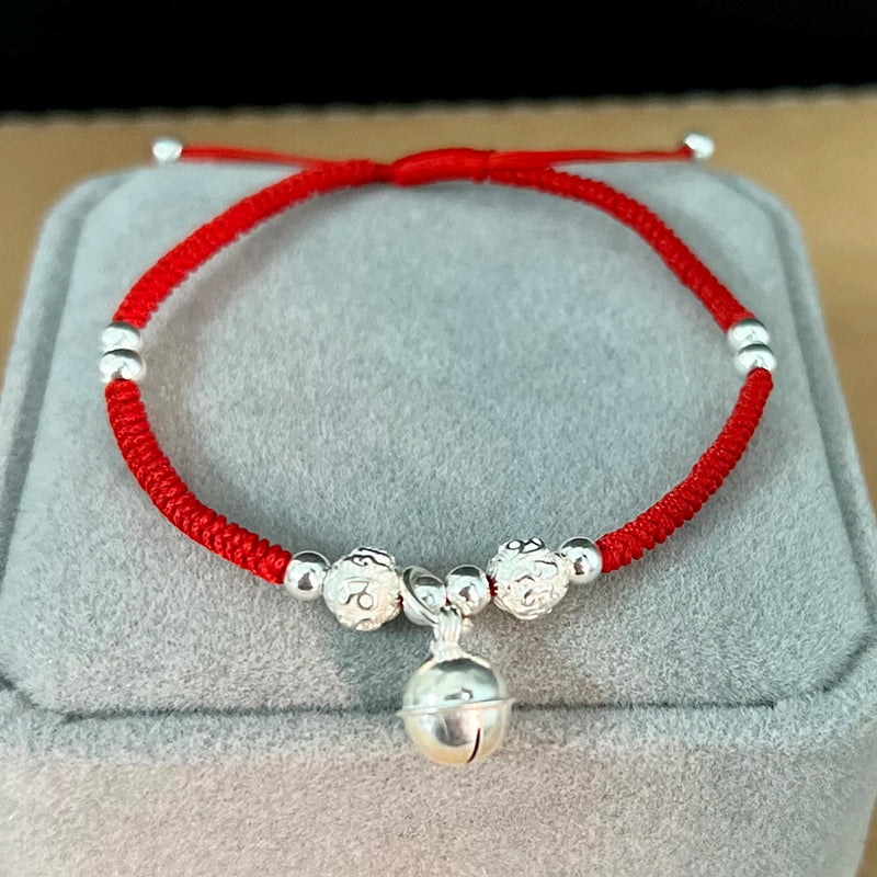 Red Rope Wax String Lucky Bell Charm Bracelet 925 Sterling Silver