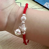 Red Rope Wax String Lucky Bell Charm Bracelet 925 Sterling Silver