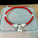Red Rope Wax String Lucky Bell Charm Bracelet 925 Sterling Silver