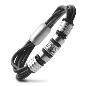 Men's Stainless Steel Flower Leather Bracelet