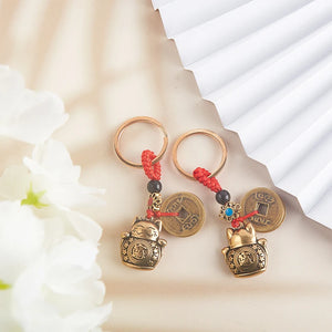Lucky Cat Brass Keychain Pendant Animal Keyring Bag Hanging Jewelry