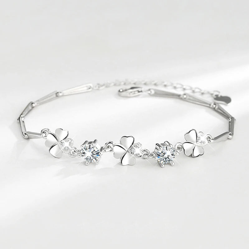 925 Silver Lucky Clover Charm Bracelet for Women