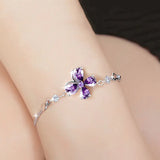 Lucky Clover Purple Crystal Amethyst Diamond Chain Bracelet 18k Filled Silver