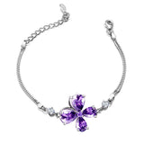 Lucky Clover Purple Crystal Amethyst Diamond Chain Bracelet 18k Filled Silver