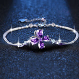 Lucky Clover Purple Crystal Amethyst Diamond Chain Bracelet 18k Filled Silver