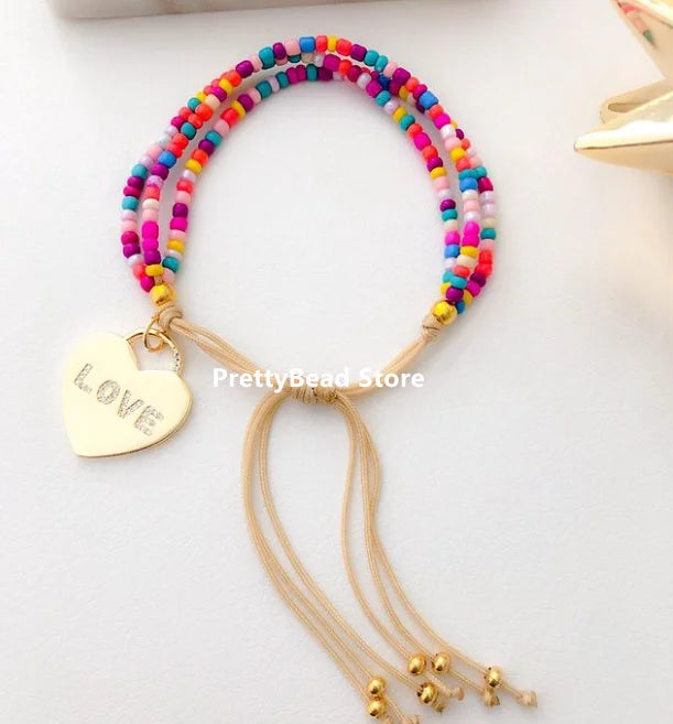 Colorful Heart Pendant Bracelet, Glass Beads Adjustable Jewelry