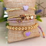 Colorful Heart Pendant Bracelet, Glass Beads Adjustable Jewelry