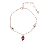 925 Sterling Silver Red Fish Charm Evil Eyes Bracelet