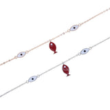 925 Sterling Silver Red Fish Charm Evil Eyes Bracelet
