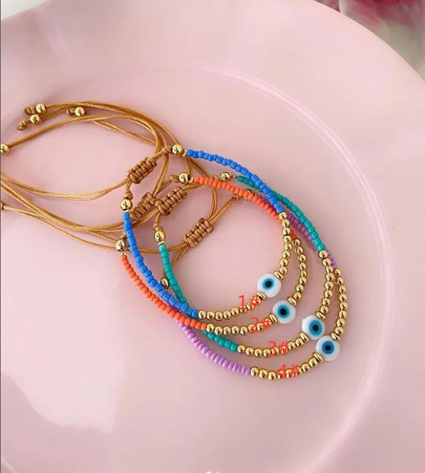 Lucky Evil Eye Pendant Bracelet Gold Plated Beads Adjustable Jewelry