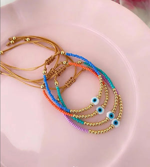 Lucky Evil Eye Pendant Bracelet Gold Plated Beads Adjustable Jewelry