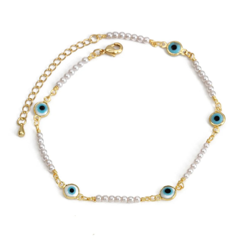 Evil Eye Adjustable Pearl Foot Chain Anklet Ankle Bracelet for Women Girls