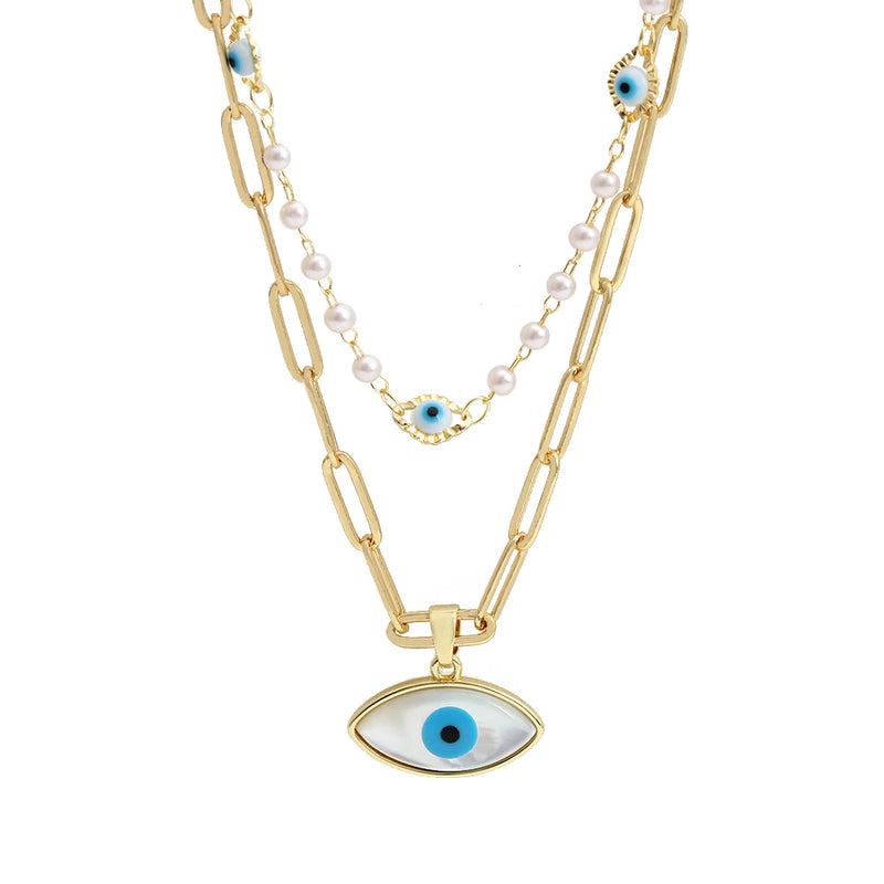 Evil Eye Pendant Necklace Double Layer Chain BE596