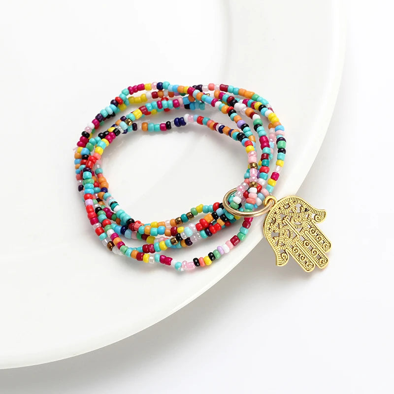 Colorful Beads Bracelet Bohemian Jewelry Hamsa Hand Charms Bracelet