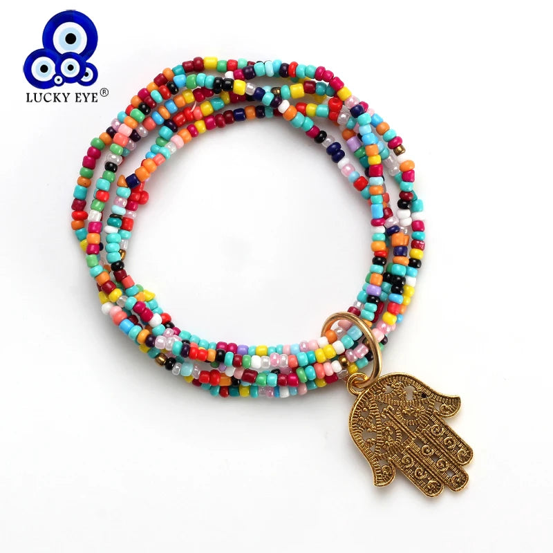 Colorful Beads Bracelet Bohemian Jewelry Hamsa Hand Charms Bracelet