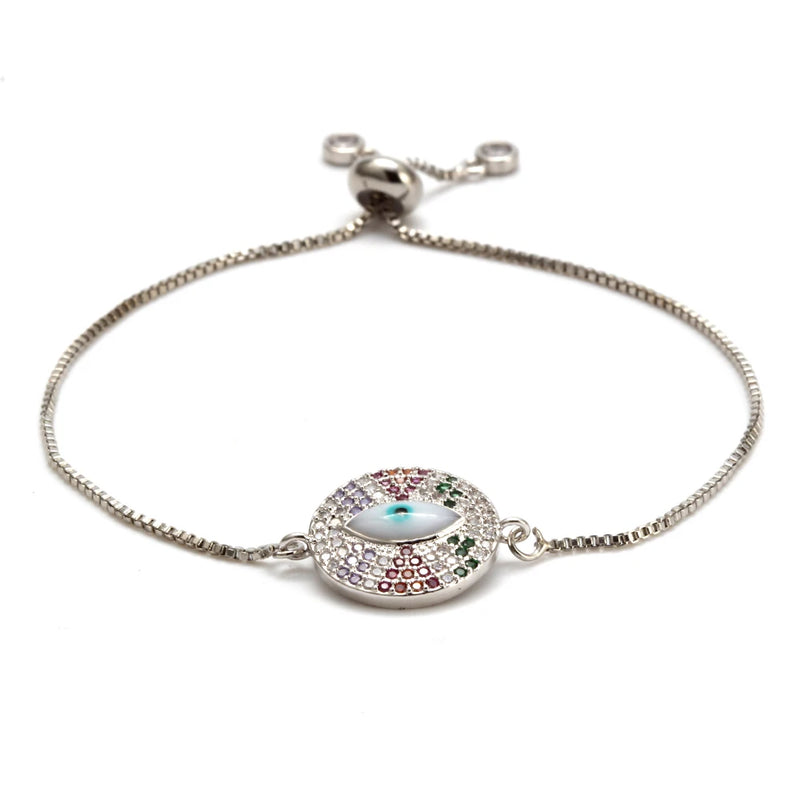Colorful Zircon Lucky Eye Charm Bracelet on Rose Silver Chain