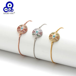 Colorful Zircon Lucky Eye Charm Bracelet on Rose Silver Chain