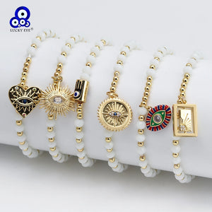 Copper Crystal Beaded Evil Eye Charm Bracelet for Women Girls