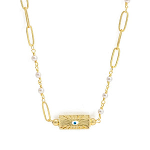 Evil Eye Pearl Chain Necklace Enamel Evil Eye Pendant for Women Men BT639