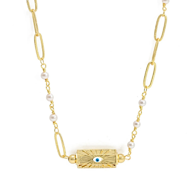 Evil Eye Pearl Chain Necklace Enamel Evil Eye Pendant for Women Men BT639