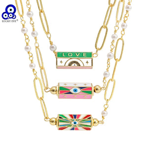 Evil Eye Pearl Chain Necklace Enamel Evil Eye Pendant for Women Men BT639